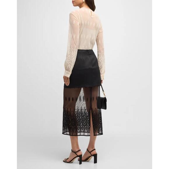 Fabiana Filippi Embroidered Tulle & Wool Twill Midi Skirt Black Size 10 NWT - Picture 7 of 10